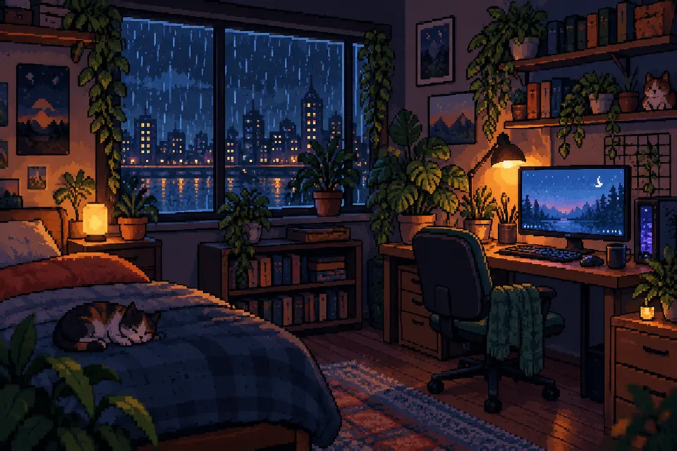 Pixel art scene of a cozy bedroom at night with a desk, glowing computer, potted plants and rain on the window, 16-bit retro game style, limited palette