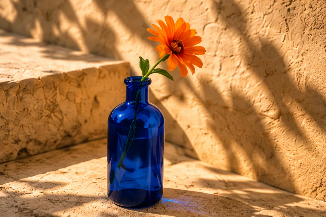 Creative still life: an orange flower in a blue glass bottle on sunlit stone.