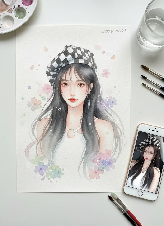 Japanese Watercolor Idol Portrait - Delicate Pastel Dream