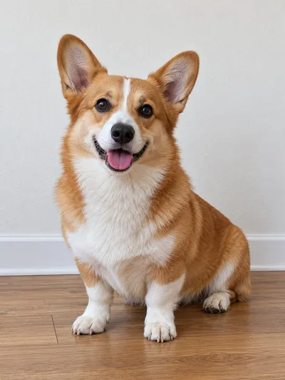 Eingabefoto: eine Frau mit blondem Pferdeschwanz in einem marineblauen Pullover und ein Corgi