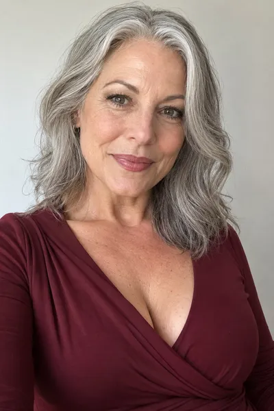 Input photo: a woman in her 50s with silver hair in a burgundy wrap dress