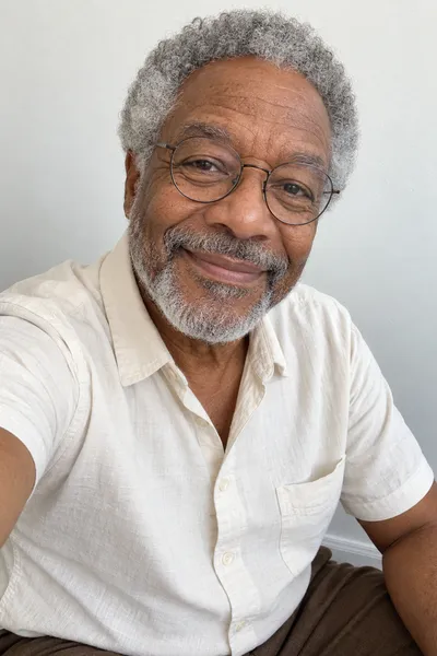 Eingabefoto: ein Mann Ende 60 mit grauem Afro, runder Brille und cremefarbenem Hemd