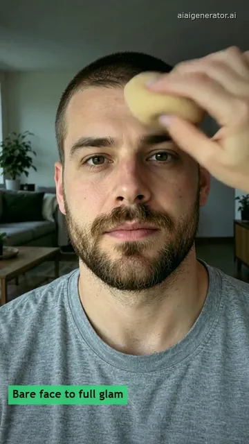 A sponge blends foundation on his bare face