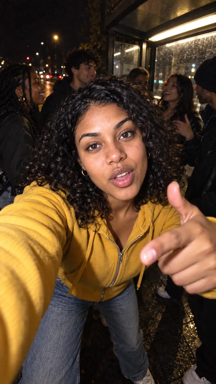 Night-crowd still at the bus stop built from the selfie