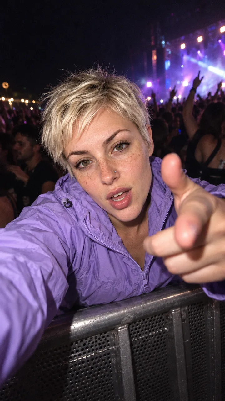 Night-crowd still at the festival barrier built from the selfie