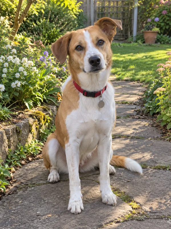 Input photo: a tan and white dog with one floppy ear and a red collar