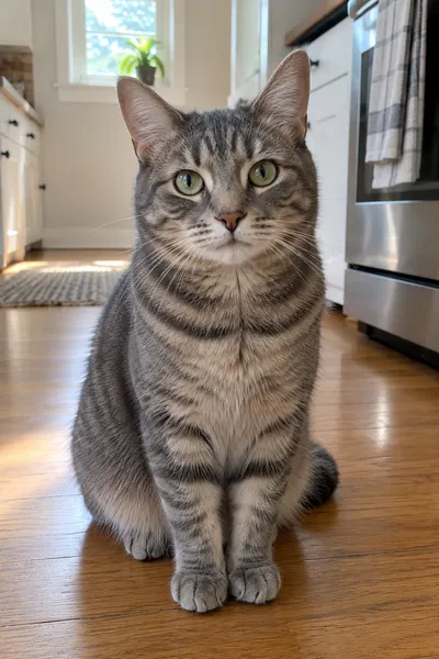 Foto de entrada: un gato atigrado gris sentado en el suelo de una cocina