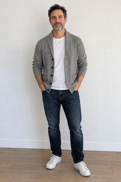 Foto de entrada: un hombre con barba entrecana, cárdigan gris, camiseta blanca y vaqueros oscuros