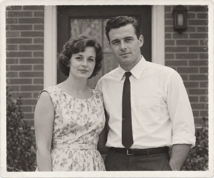 Black and white photo of a couple in front of a brick house