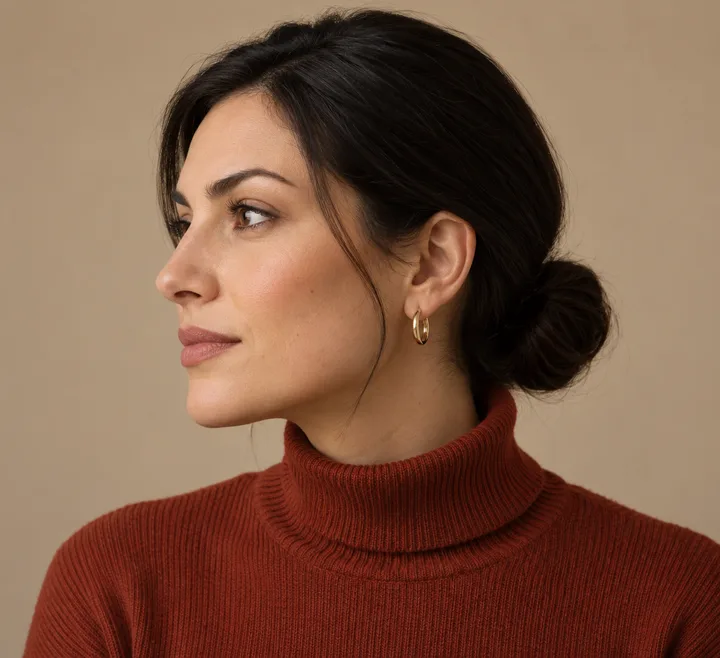 Woman in left profile with a black low bun